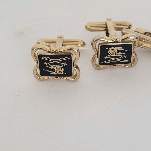 Burberry Tie Bar Clip Clasp Cufflinks Set Gold Black Tone 2in Logo Vintage Logo - Picture 3 of 9